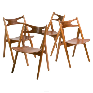 Hans J. Wegner, set of four 'Sawbuck' CH29 chairs, teak and oak, Denmark 1950s